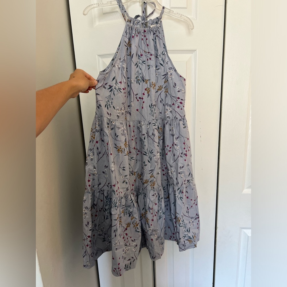 a new day Target Blue Gray Tiered Floral Midi Dress Tie Neck Sundress XS